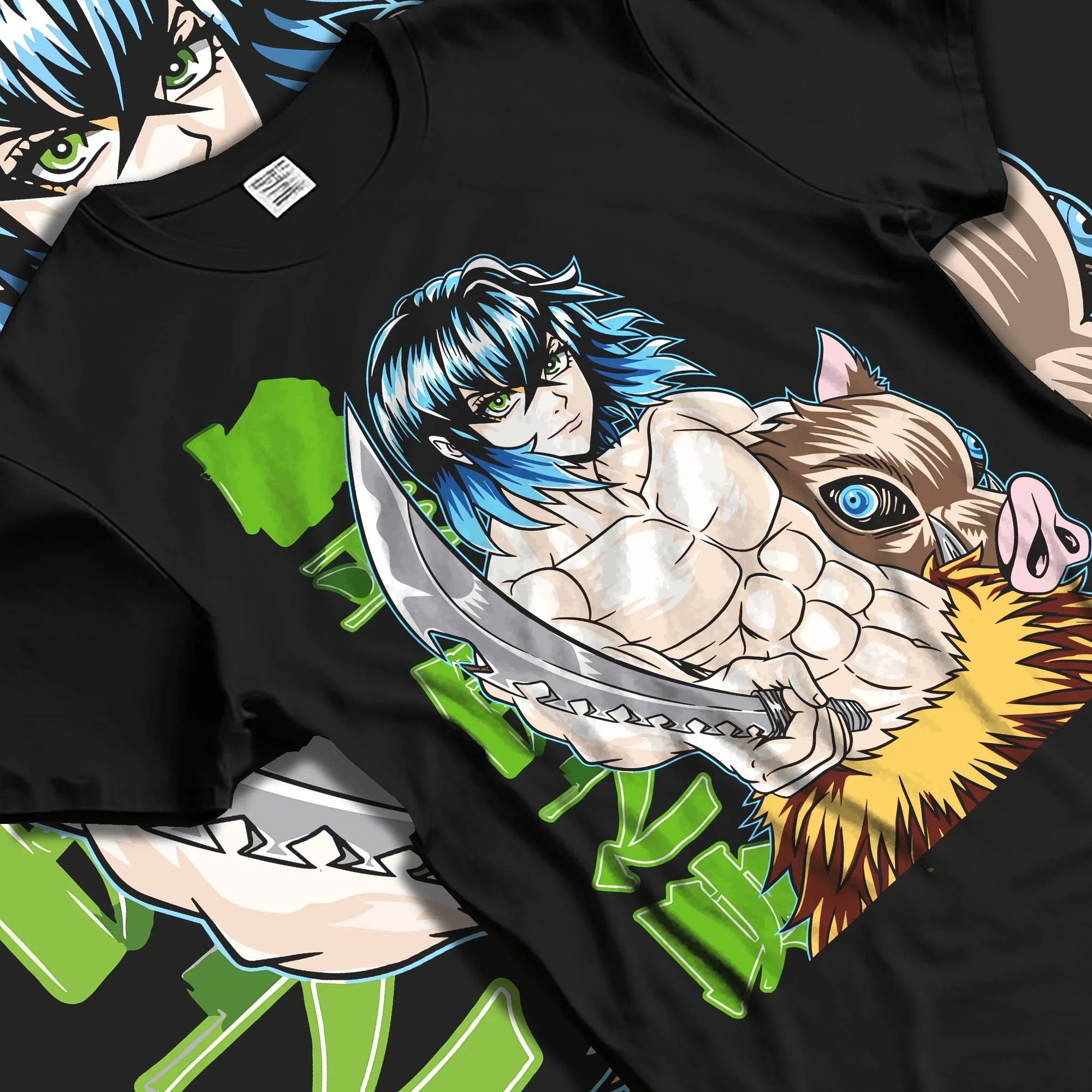 Black T-shirt laid flat with natural folds with Demon Slayer Hoodie Inosuke Hashibira Strong Jumper graphic streetwear graphic.