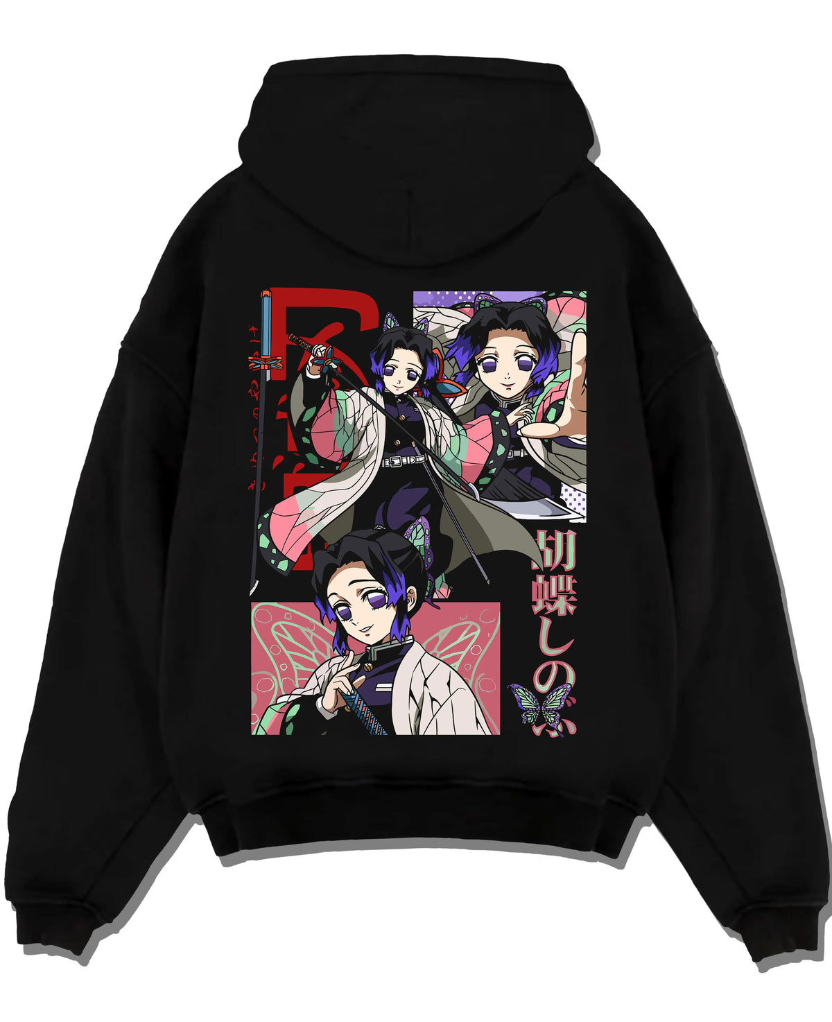 Black hoodie laid flat featuring Shinobu Kocho Insect Hashira butterfly artwork.