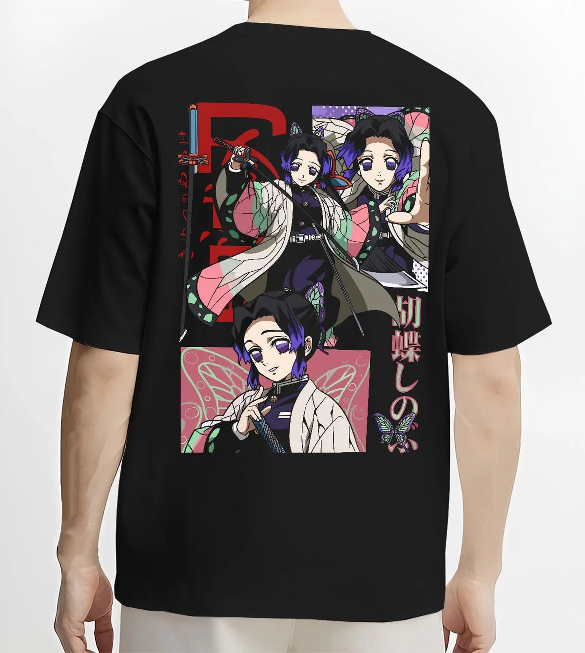 Black T-shirt worn by male model from the back featuring Shinobu Kocho Insect Hashira butterfly artwork.