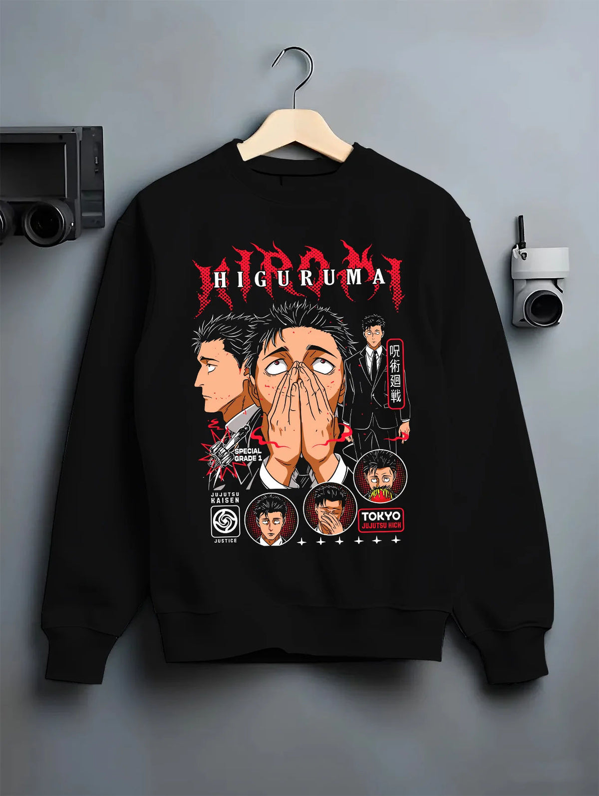 Black crewneck sweatshirt on hanger showing Hiromi Higuruma from Jujutsu Kaisen: courtroom manga portrait