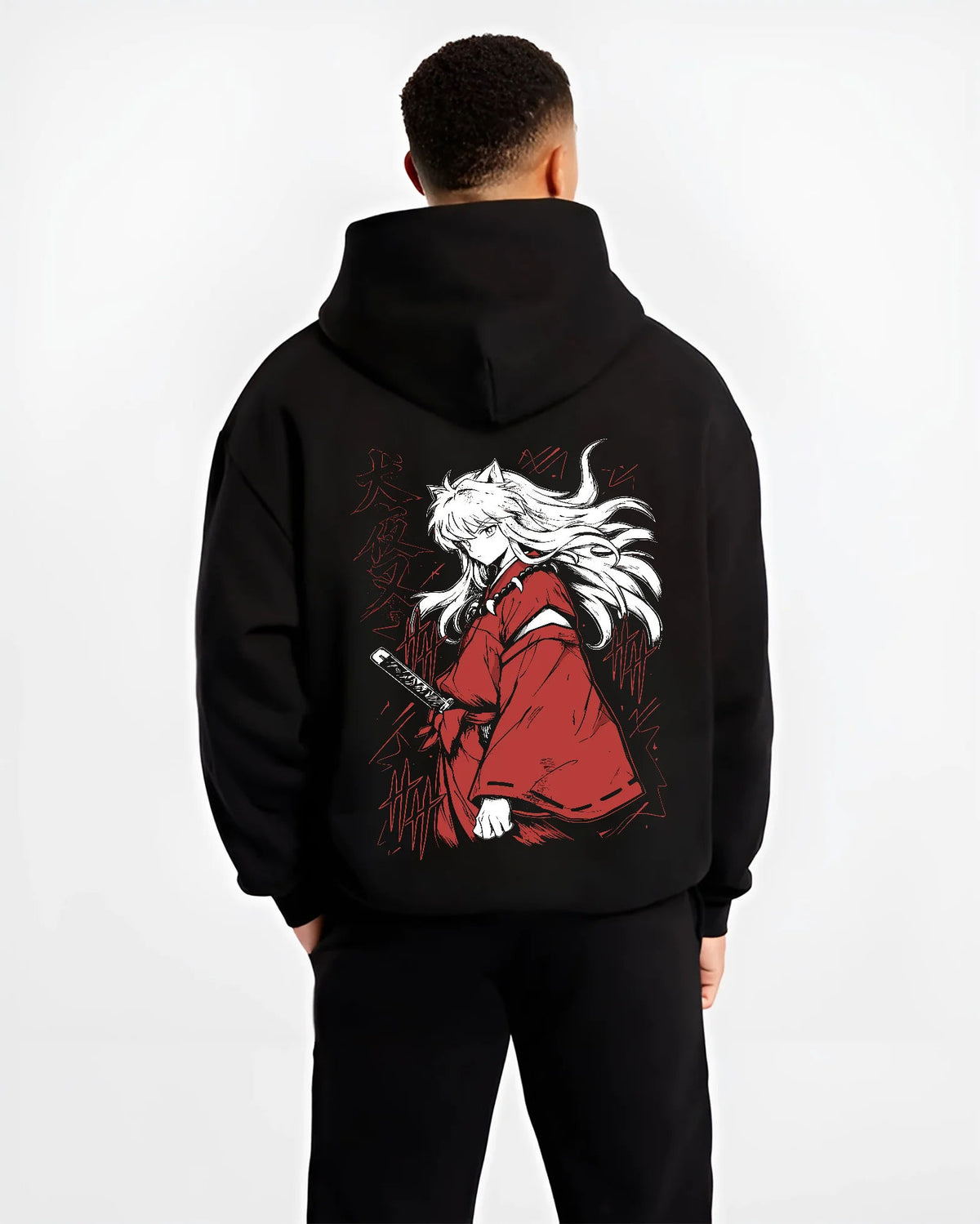 Black hoodie model back view showing Inuyasha: white-haired swordsman in red robe
