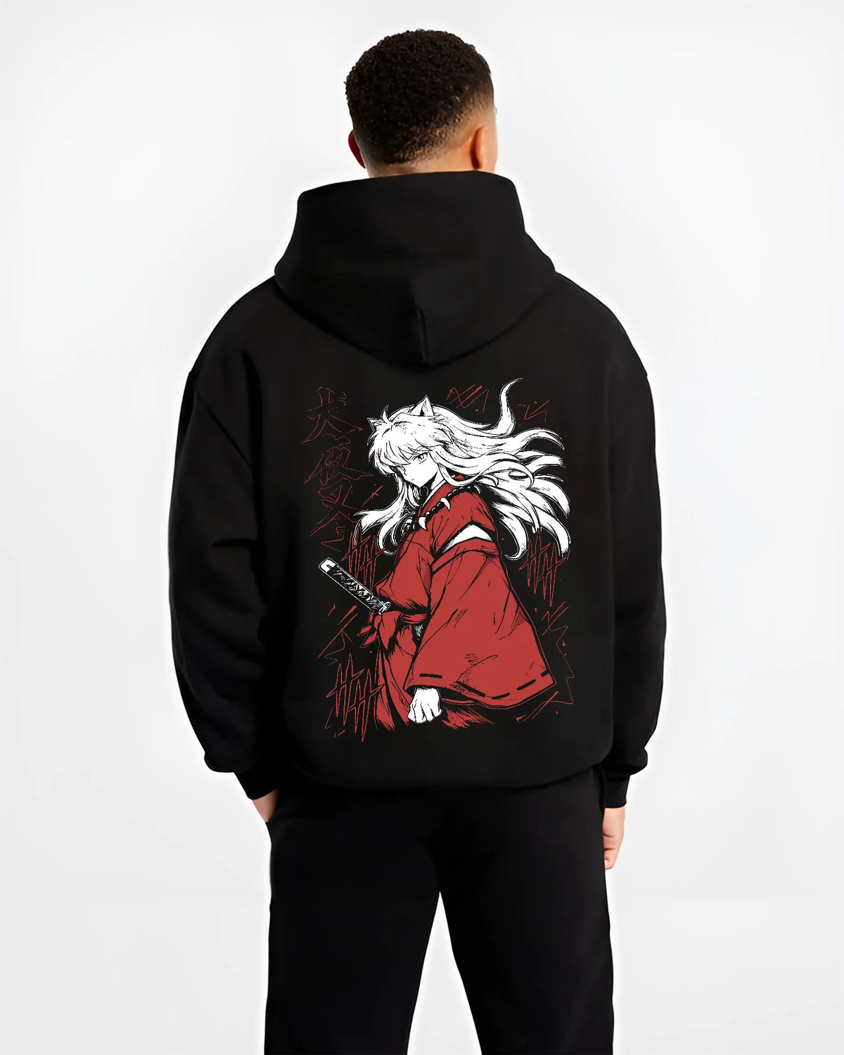 Black hoodie model back view showing Inuyasha: white-haired swordsman in red robe