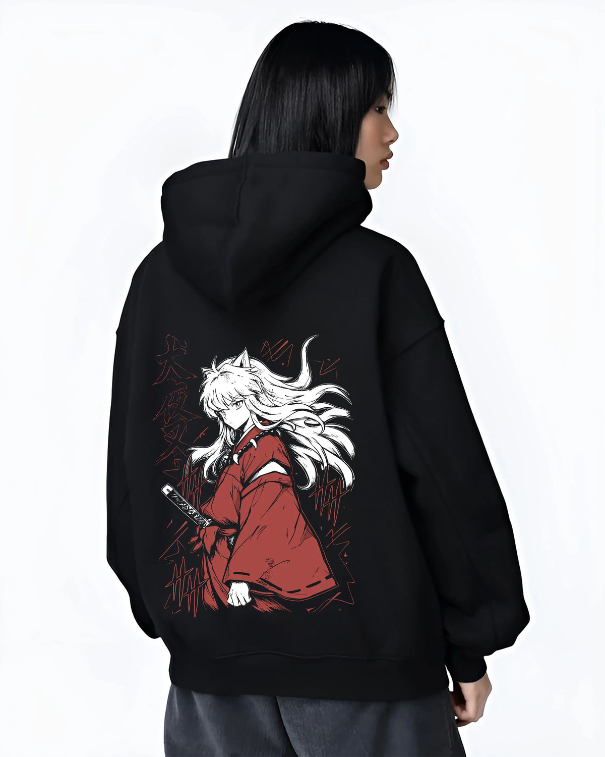 Black hoodie female model back view showing Inuyasha: white-haired swordsman in red robe