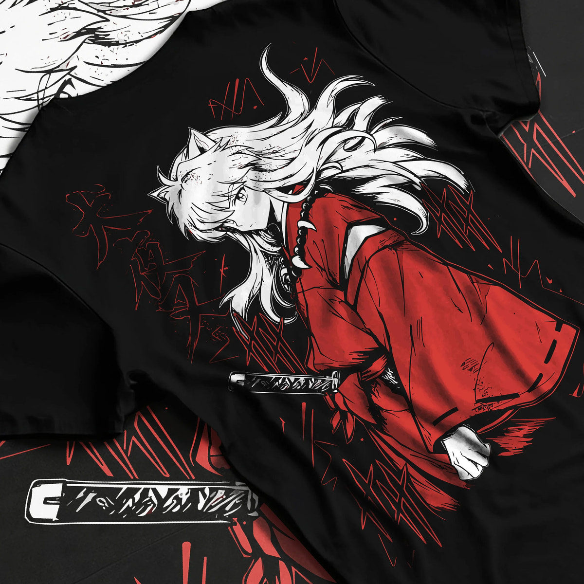 Black T-shirt flat back view showing Inuyasha: white-haired swordsman in red robe
