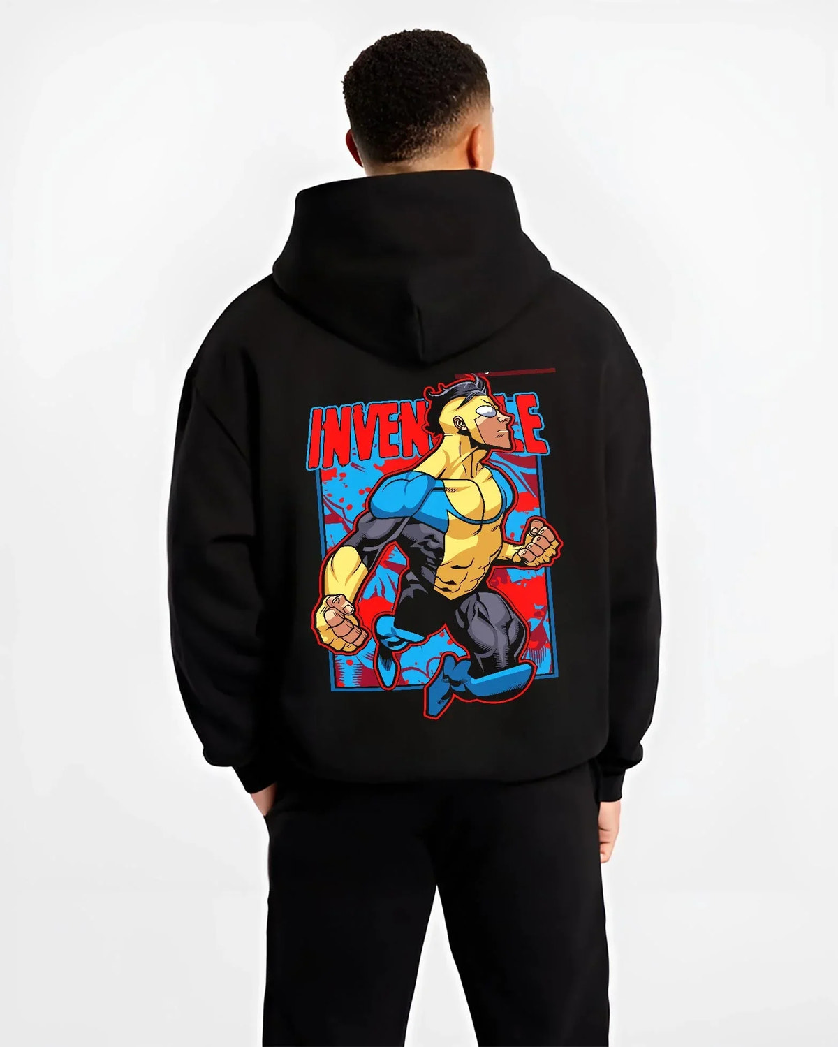 Black hoodie worn by male model, back view with Invincible Hoodie Mark Grayson Flying Hero Jumper graphic premium wear.