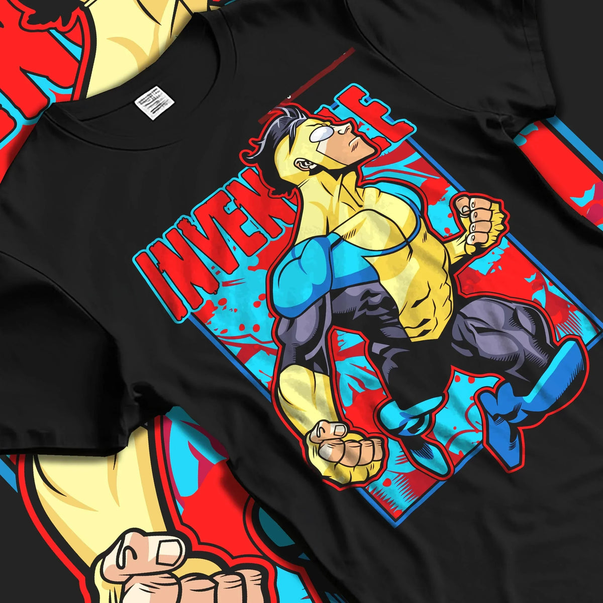 Black T-shirt laid flat with natural folds with Invincible Hoodie Mark Grayson Flying Hero Jumper graphic premium wear.
