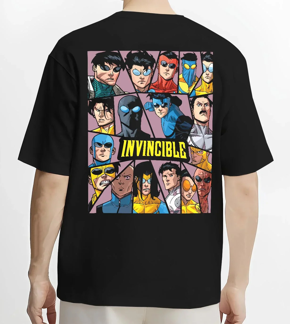 Black T-shirt worn by male model, back view with Invincible Hoodie Mark Grayson Team Logo Jumper graphic premium wear.