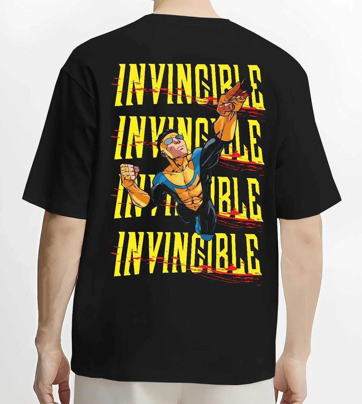 Black T-shirt worn by male model, back view with Invincible Hoodie Mark Grayson Ultimate Strength Jumper graphic premium wear.