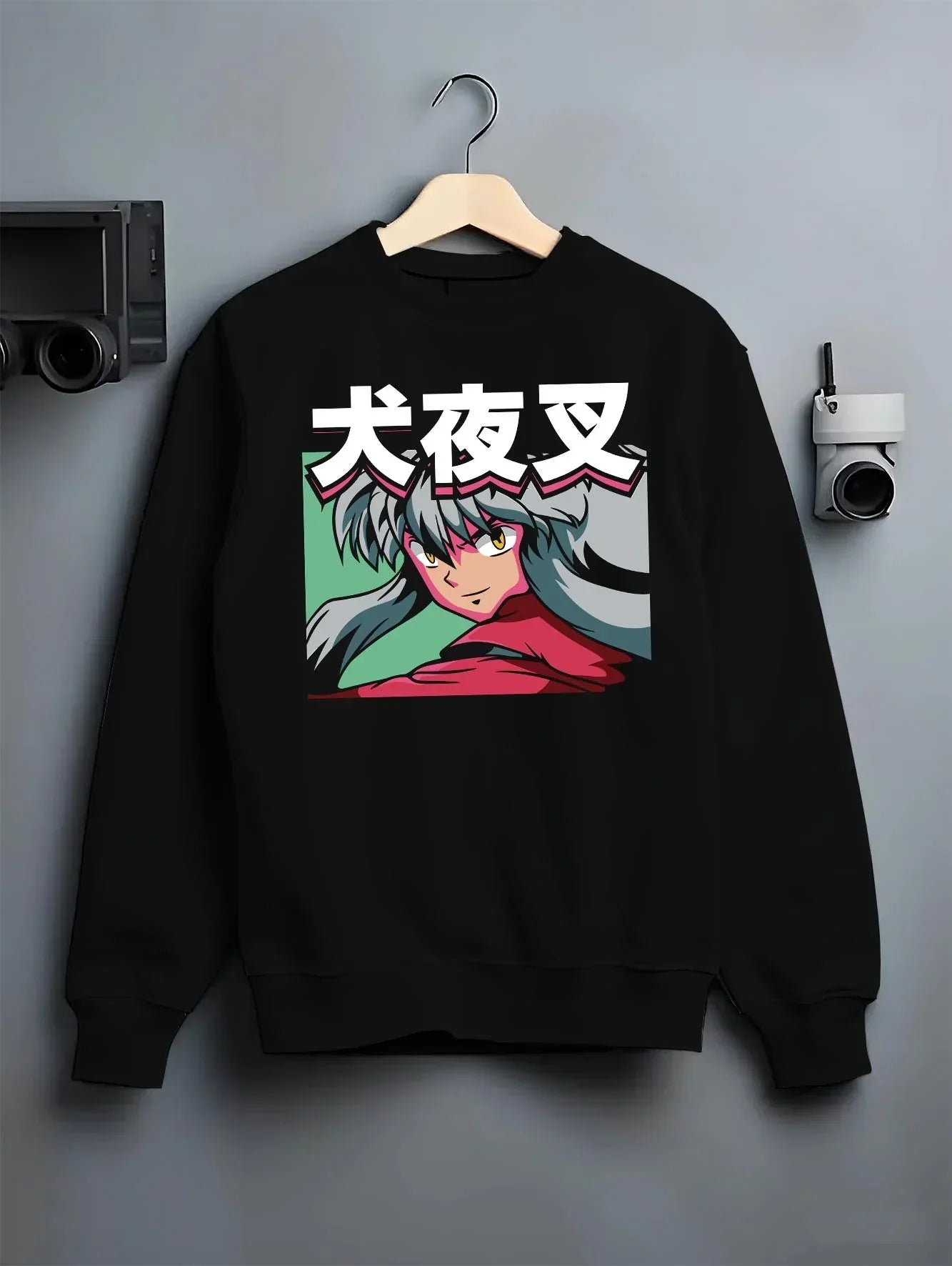 Black crewneck sweatshirt on hanger with Inuyasha Hoodie Inuyasha Fierce Demon Form Jumper graphic premium wear.