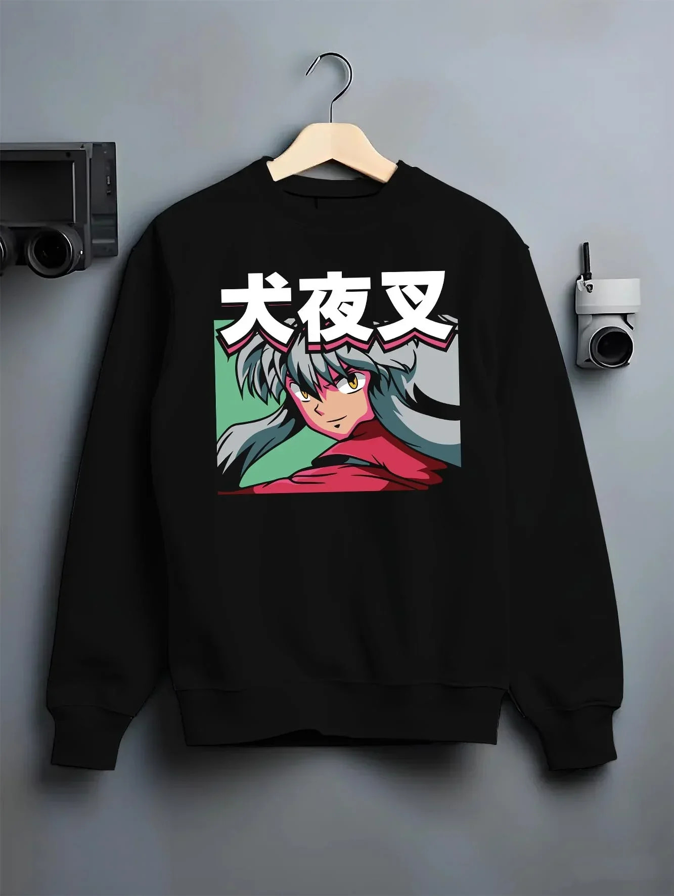 Black crewneck sweatshirt on hanger with Inuyasha Hoodie Inuyasha Fierce Demon Form Jumper graphic premium wear.