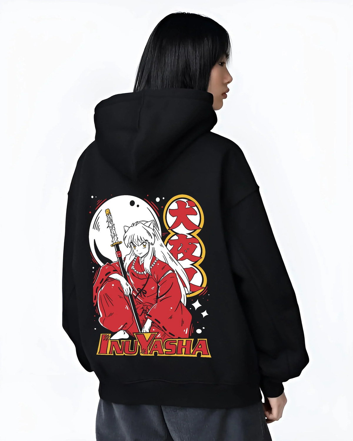Black hoodie worn by female model, back view with Inuyasha Hoodie Inuyasha Half Demon Power Jumper graphic streetwear graphic.