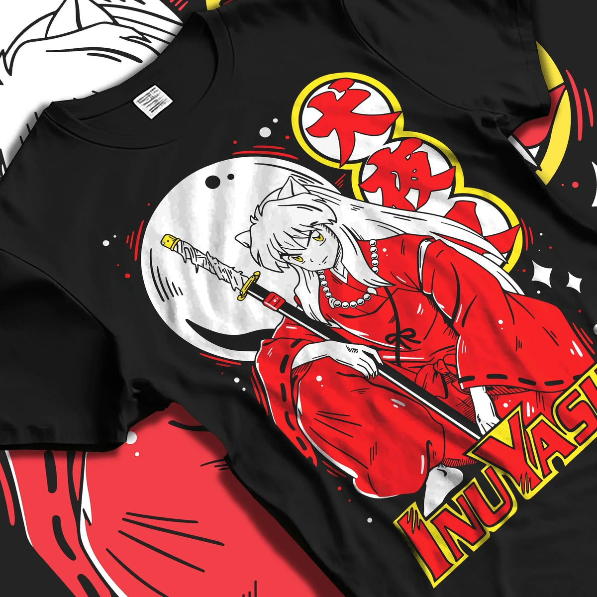 Black T-shirt laid flat with natural folds with Inuyasha Hoodie Inuyasha Half Demon Power Jumper graphic bold anime graphic.