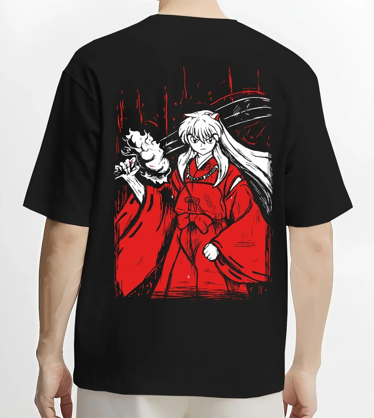 Black T-shirt worn by male model, back view with Inuyasha Hoodie Inuyasha Sword Master Jumper graphic premium wear.