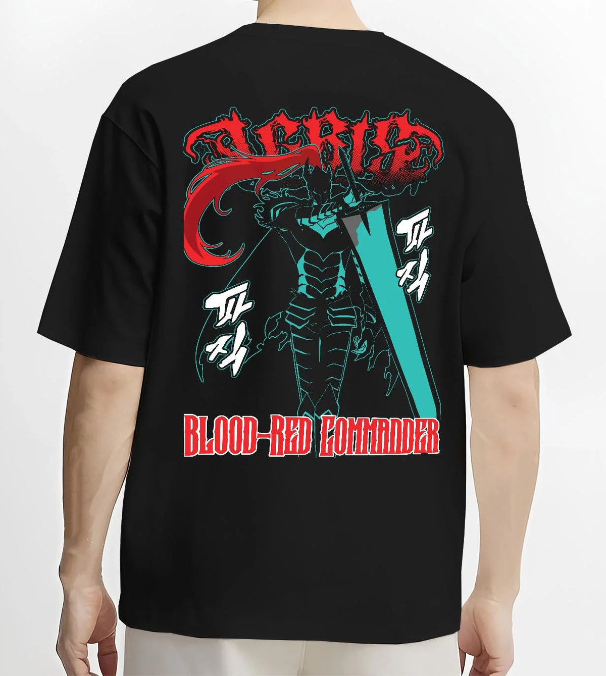 Black T-shirt worn by male model from the back featuring Igris Blood Red Commander knight artwork.