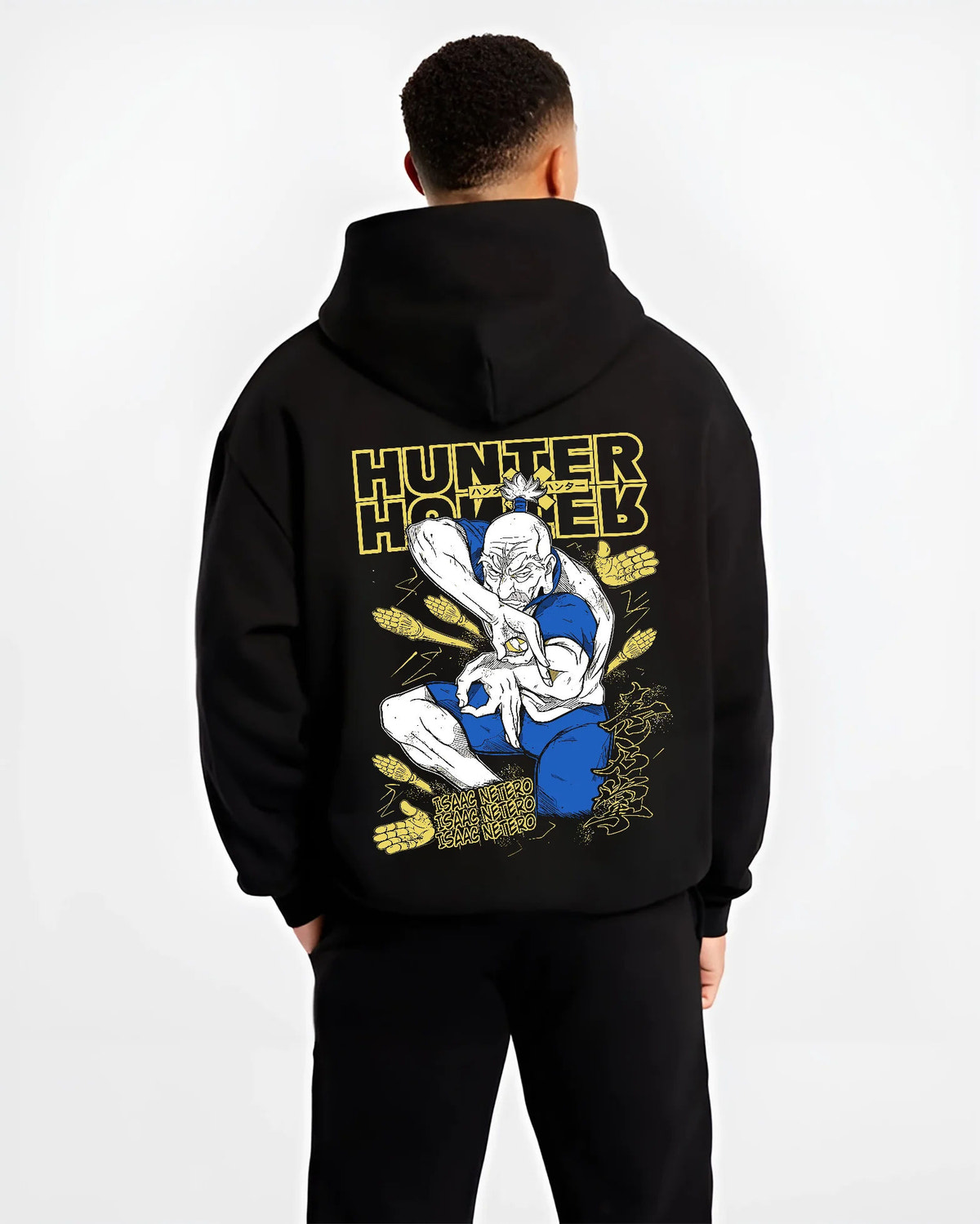 Black hoodie model back view showing Isaac Netero from Hunter x Hunter: praying Hunter x Hunter portrait