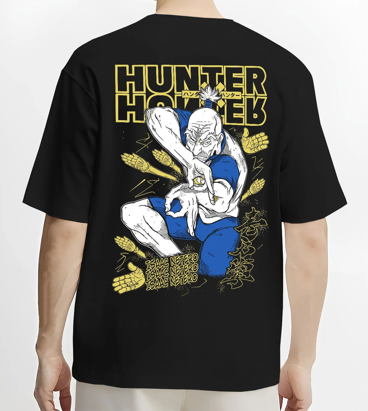 Black T-shirt model back view showing Isaac Netero from Hunter x Hunter: praying Hunter x Hunter portrait