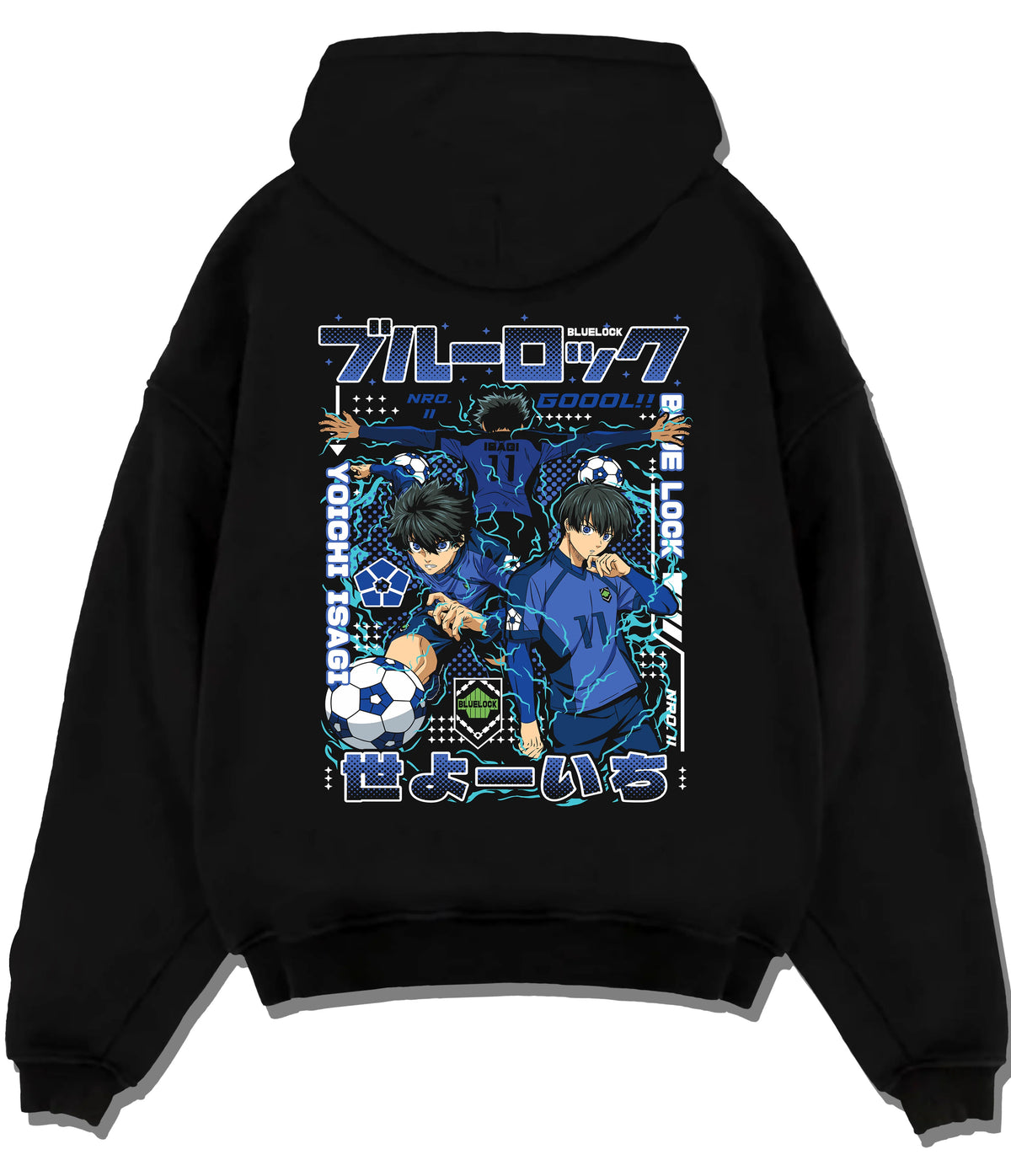 Black hoodie flat back view showing Blue Lock: Isagi Yoichi and another player
