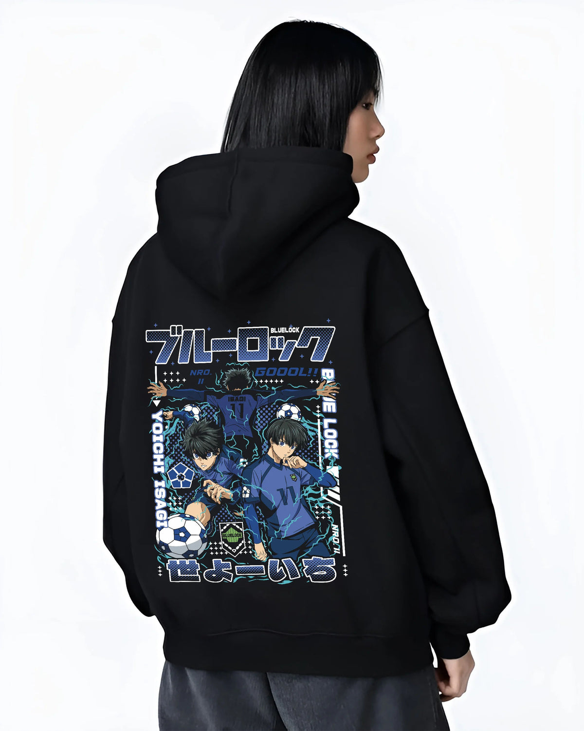 Black hoodie female model back view showing Blue Lock: Isagi Yoichi and another player