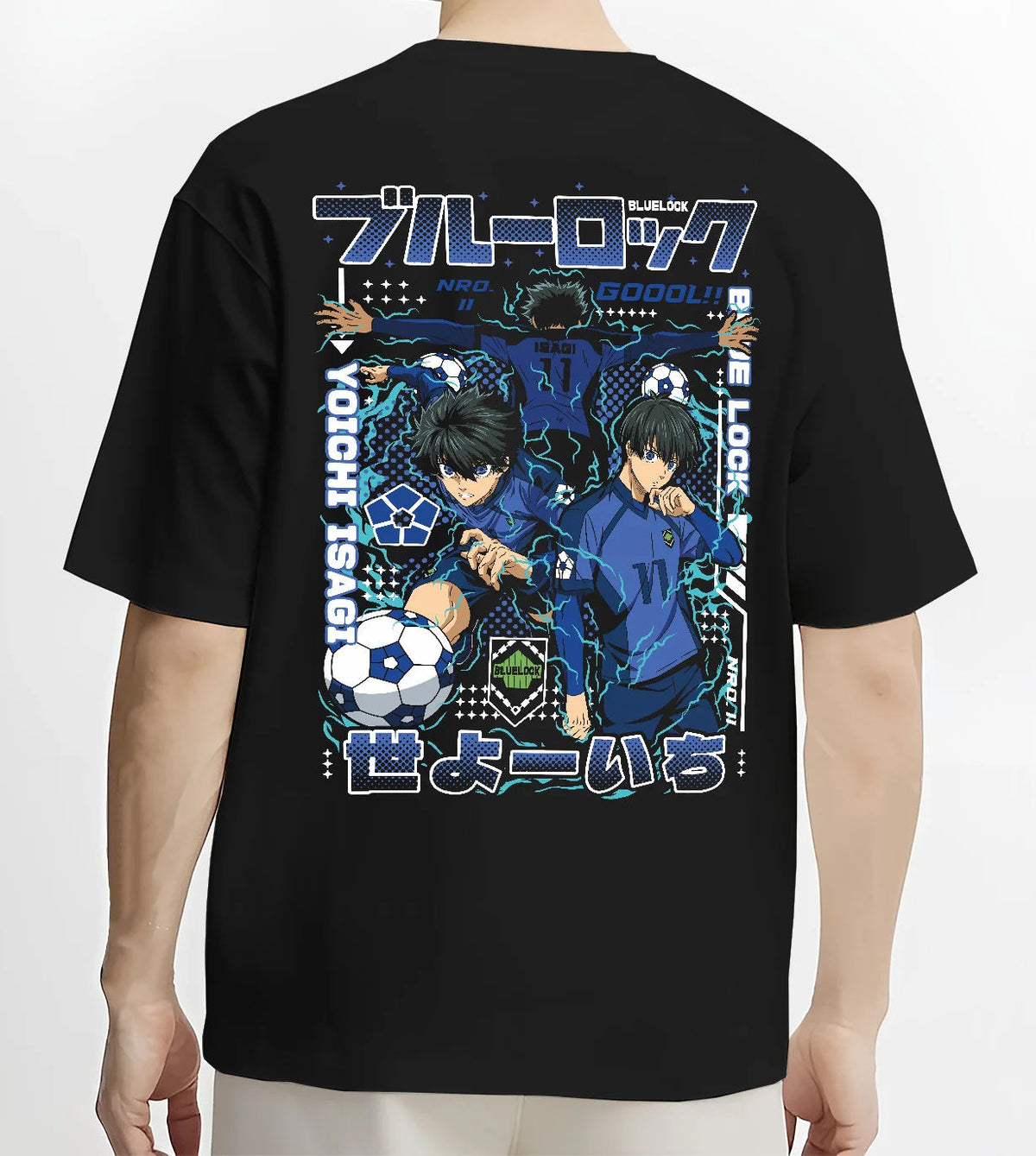 Black T-shirt model back view showing Blue Lock: Isagi Yoichi and another player
