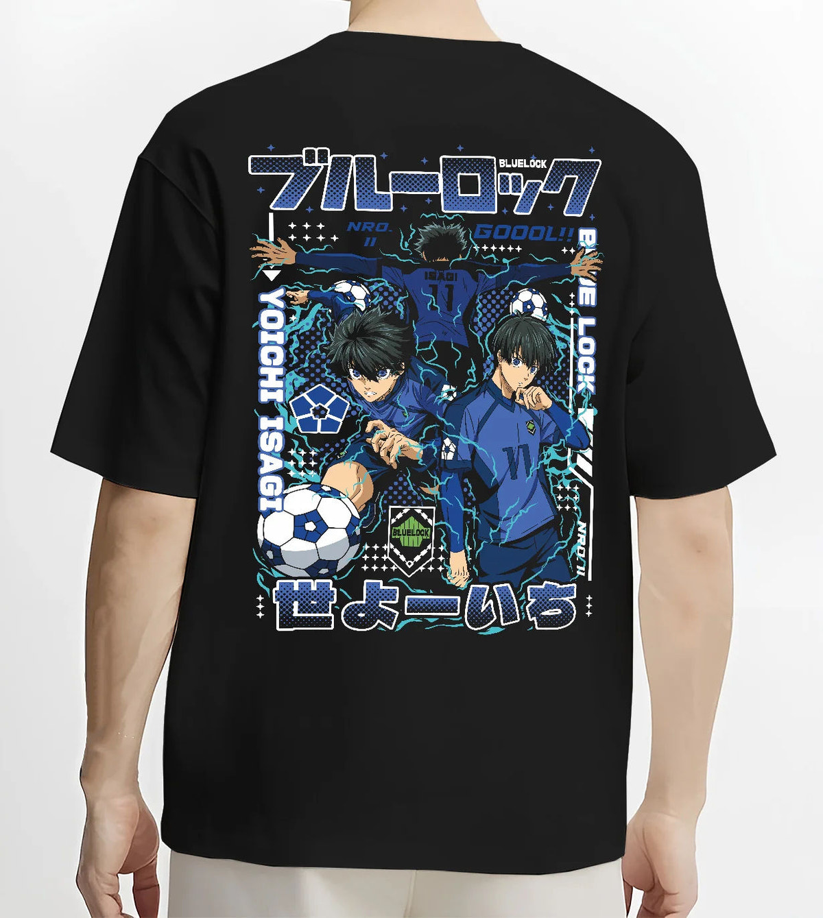 Black T-shirt model back view showing Blue Lock: Isagi Yoichi and another player