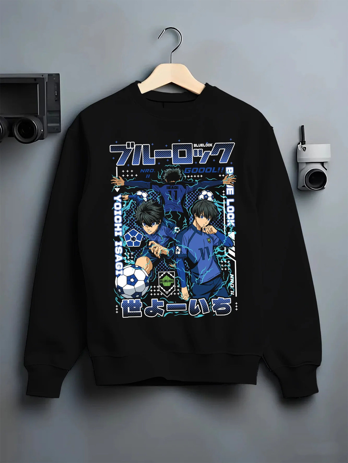 Black crewneck sweatshirt on hanger showing Blue Lock: Isagi Yoichi and another player