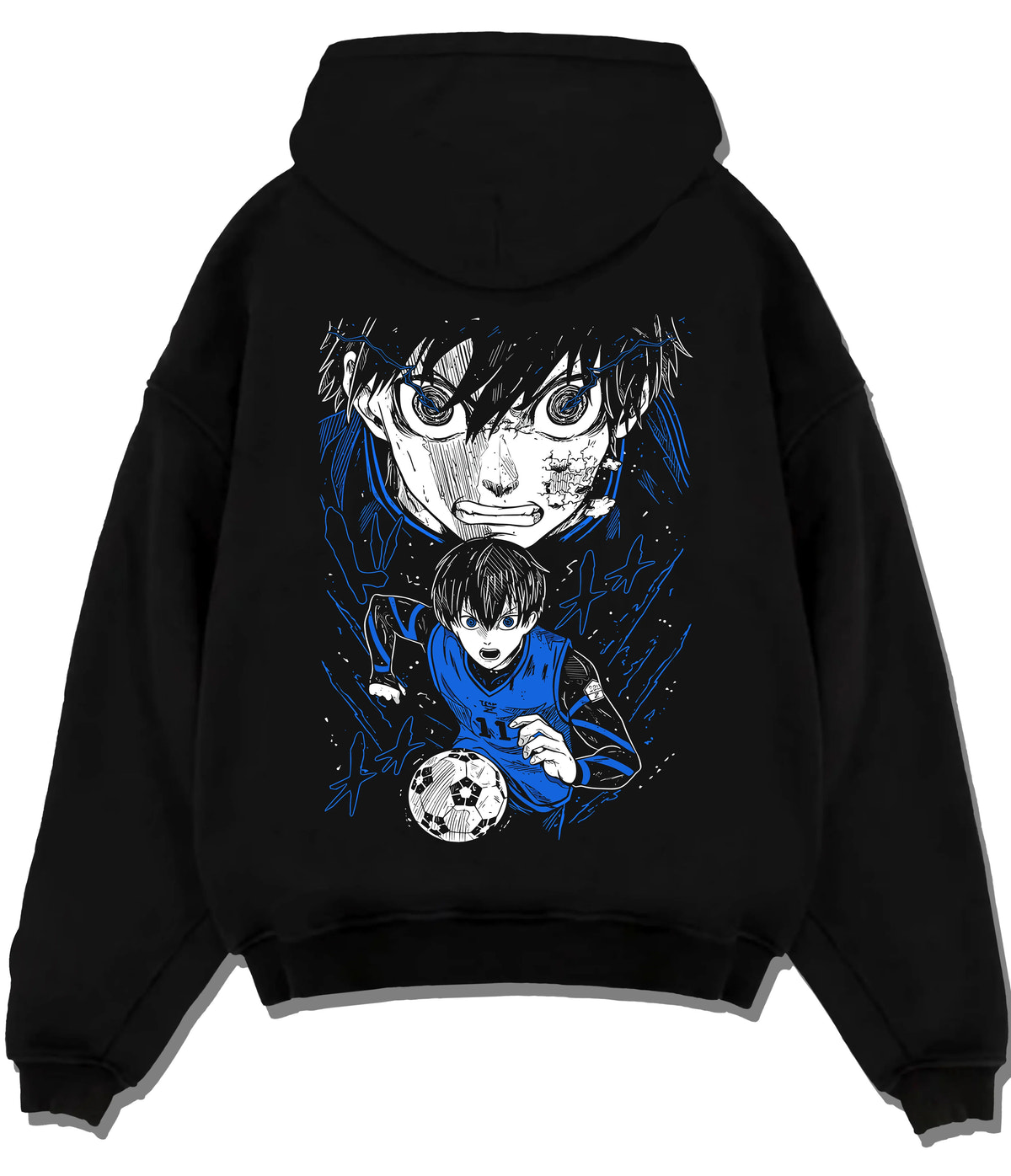 Black hoodie flat back view showing Isagi Yoichi from Blue Lock: Blue Lock footballer close-up