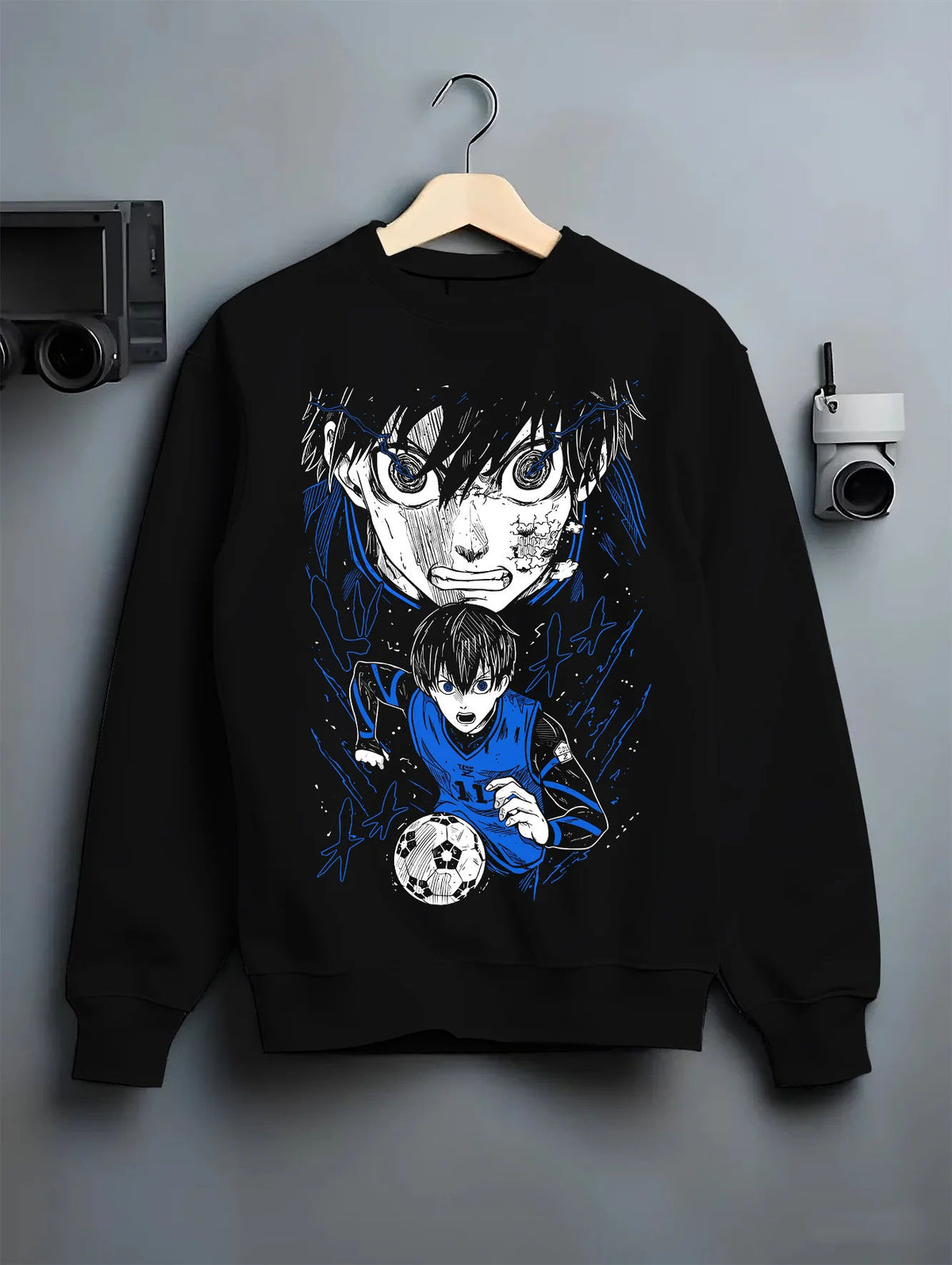 Black crewneck sweatshirt on hanger showing Isagi Yoichi from Blue Lock: Blue Lock footballer close-up
