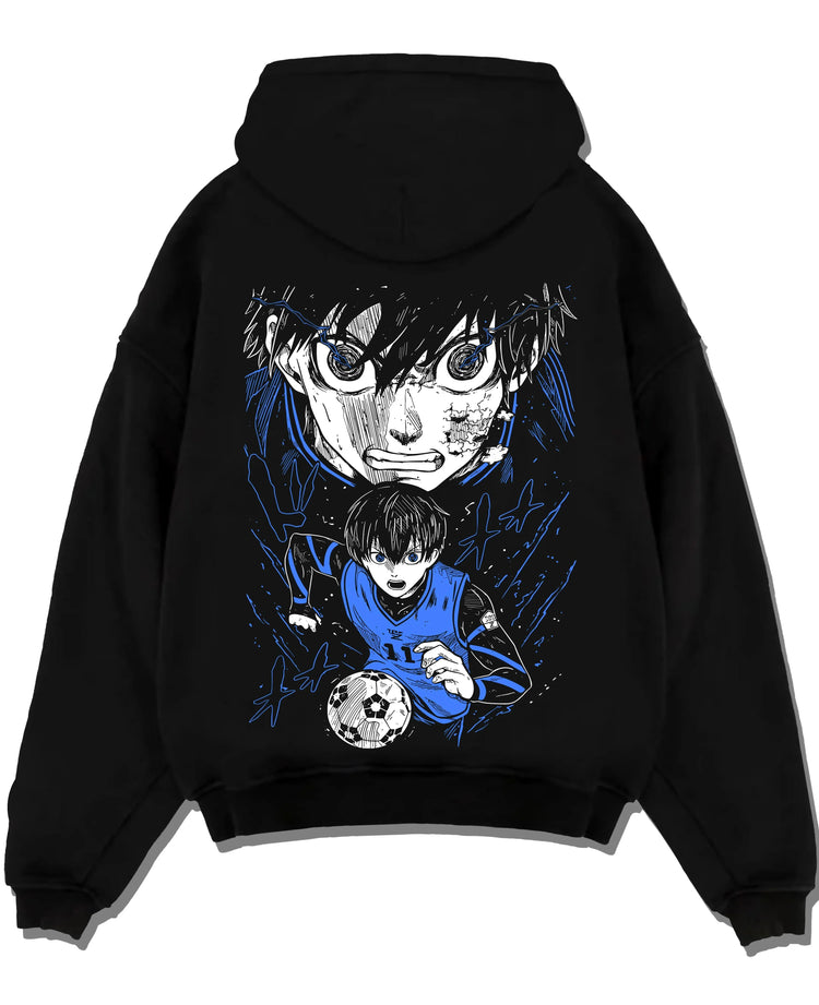Black pullover hoodie laid flat with Blue Lock Hoodie Isagi Yoichi Intense Stare Jumper graphic bold anime graphic.