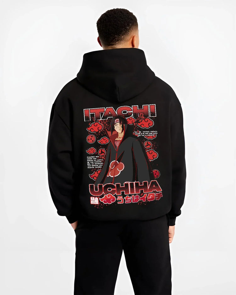 Black hoodie worn by male model, back view with Naruto Hoodie Itachi Uchiha Akatsuki Clan Jumper graphic streetwear graphic.