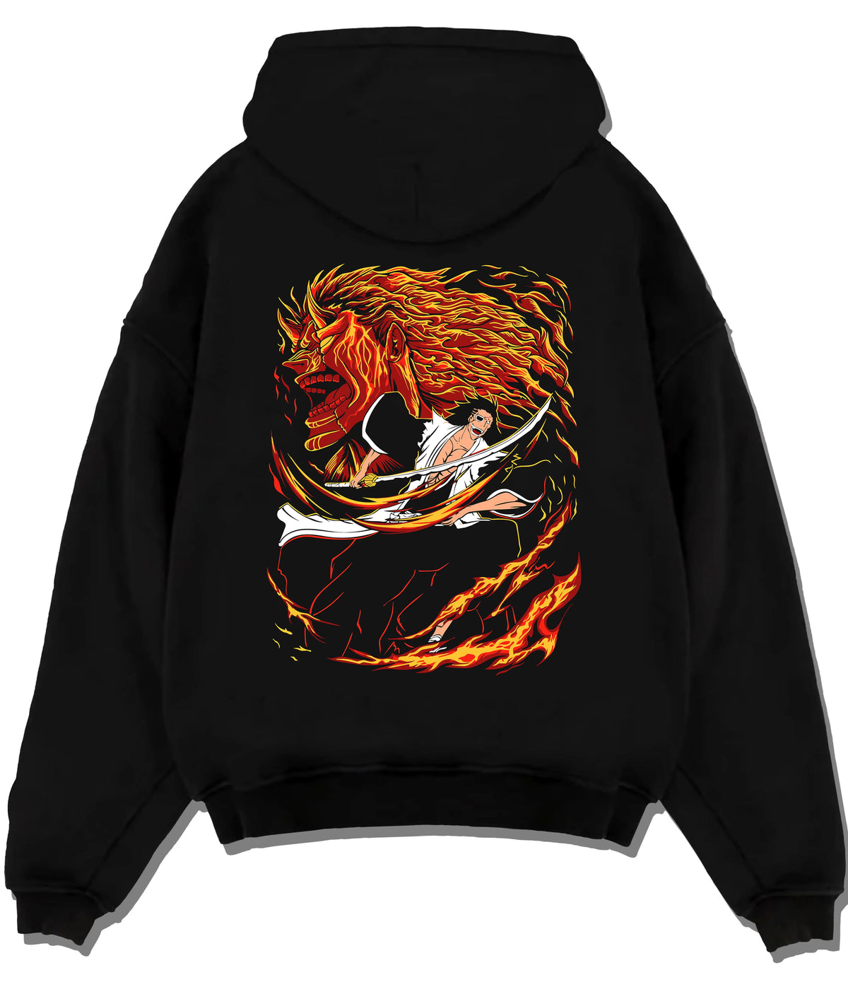Kenpachi Zaraki from Bleach in dramatic swordsman artwork on flat back hoodie design