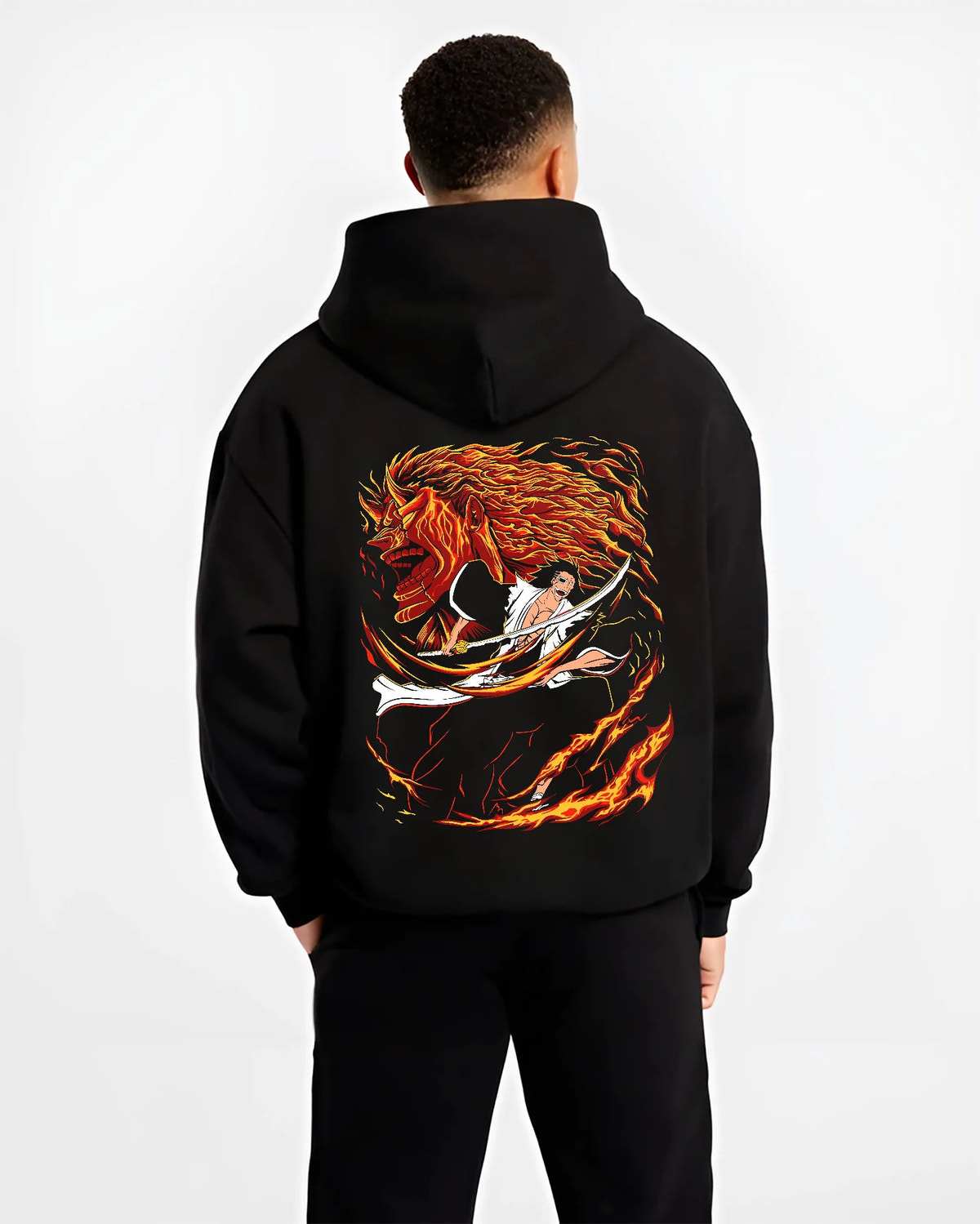 Kenpachi Zaraki from Bleach in dramatic swordsman artwork on hoodie model back view