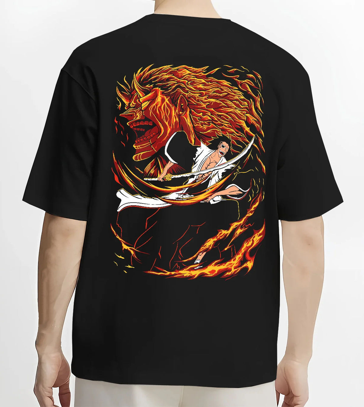 Kenpachi Zaraki from Bleach in dramatic swordsman artwork on black T-shirt model back view