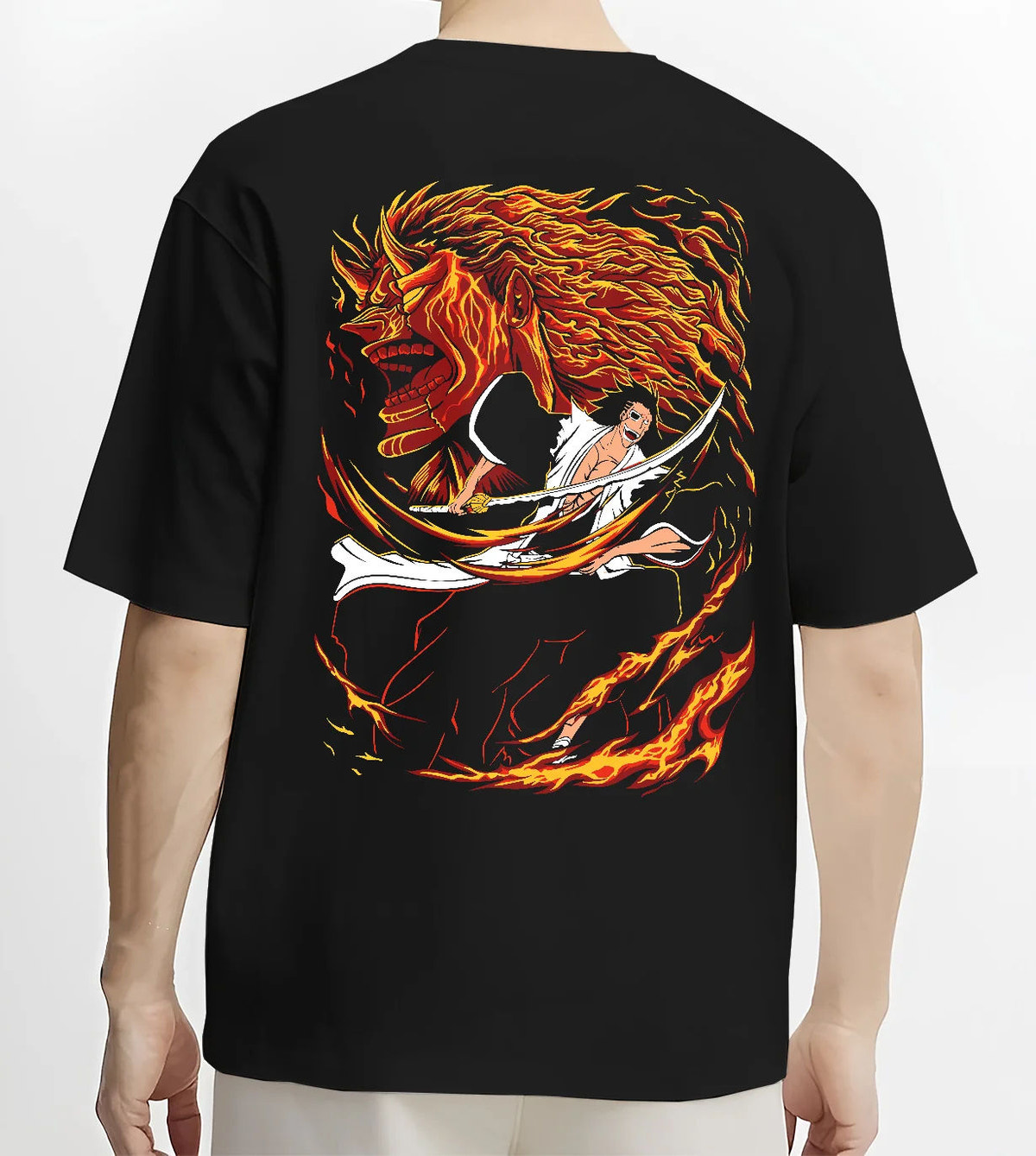 Kenpachi Zaraki from Bleach in dramatic swordsman artwork on black T-shirt model back view