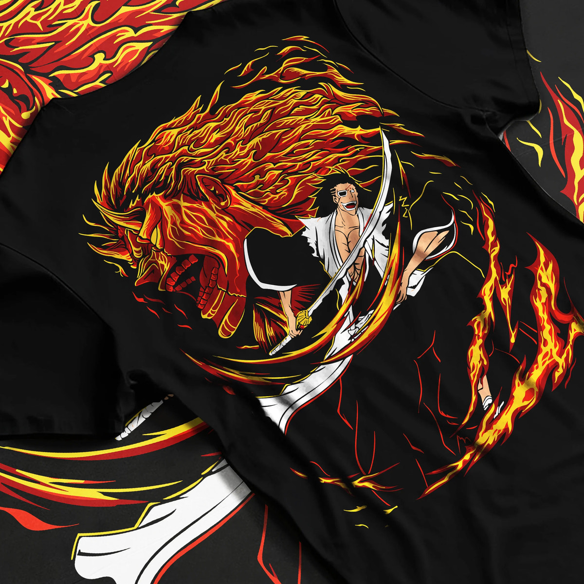 Kenpachi Zaraki from Bleach in dramatic swordsman artwork on graphic T-shirt flat lay