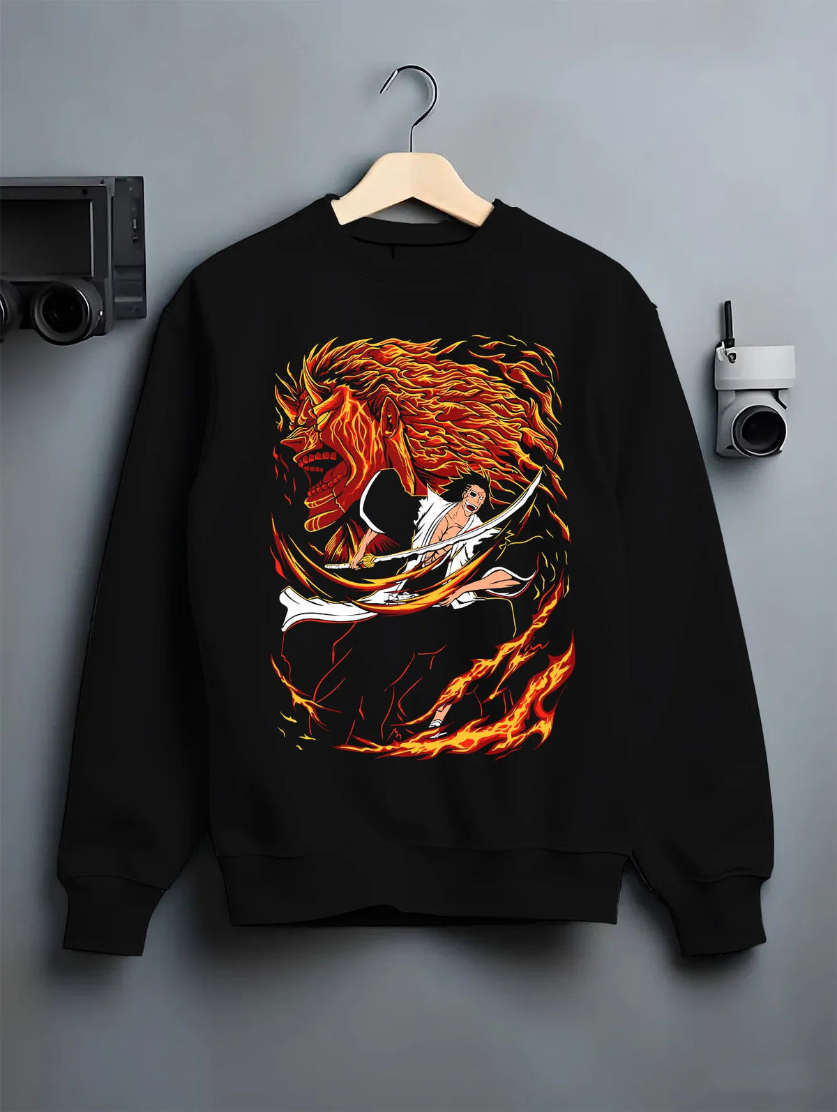 Kenpachi Zaraki from Bleach in dramatic swordsman artwork on crewneck sweatshirt hanger