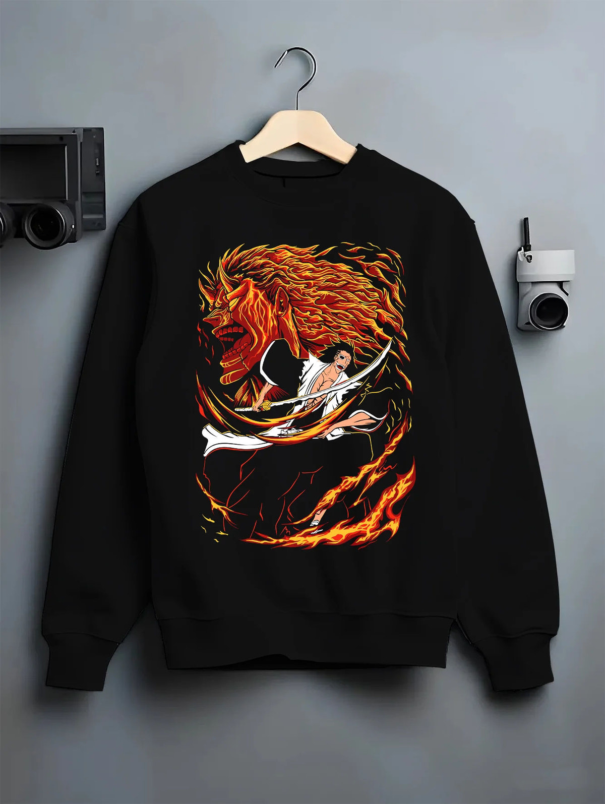 Kenpachi Zaraki from Bleach in dramatic swordsman artwork on crewneck sweatshirt hanger