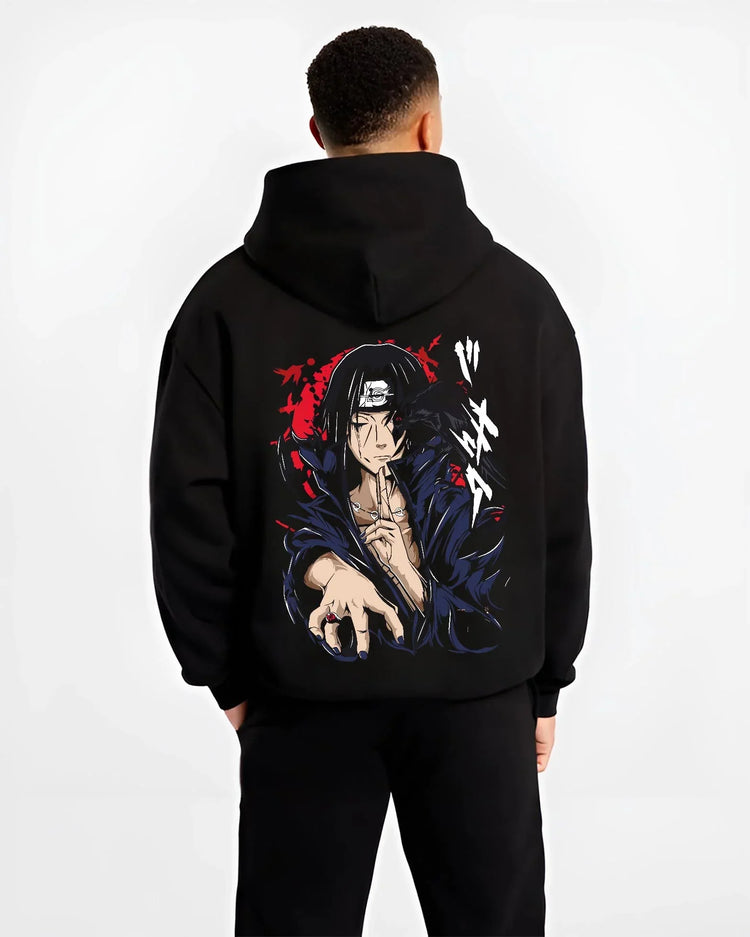 Black hoodie worn by male model, back view with Naruto Hoodie Itachi Uchiha Crow Summon Clan Jumper graphic premium wear.