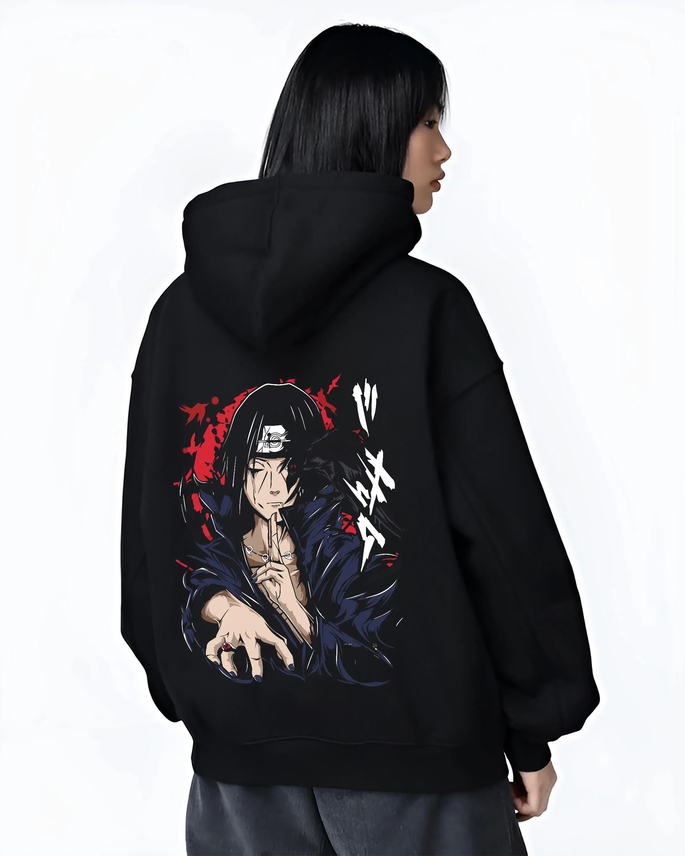 Black hoodie worn by female model, back view with Naruto Hoodie Itachi Uchiha Crow Summon Clan Jumper graphic premium wear.