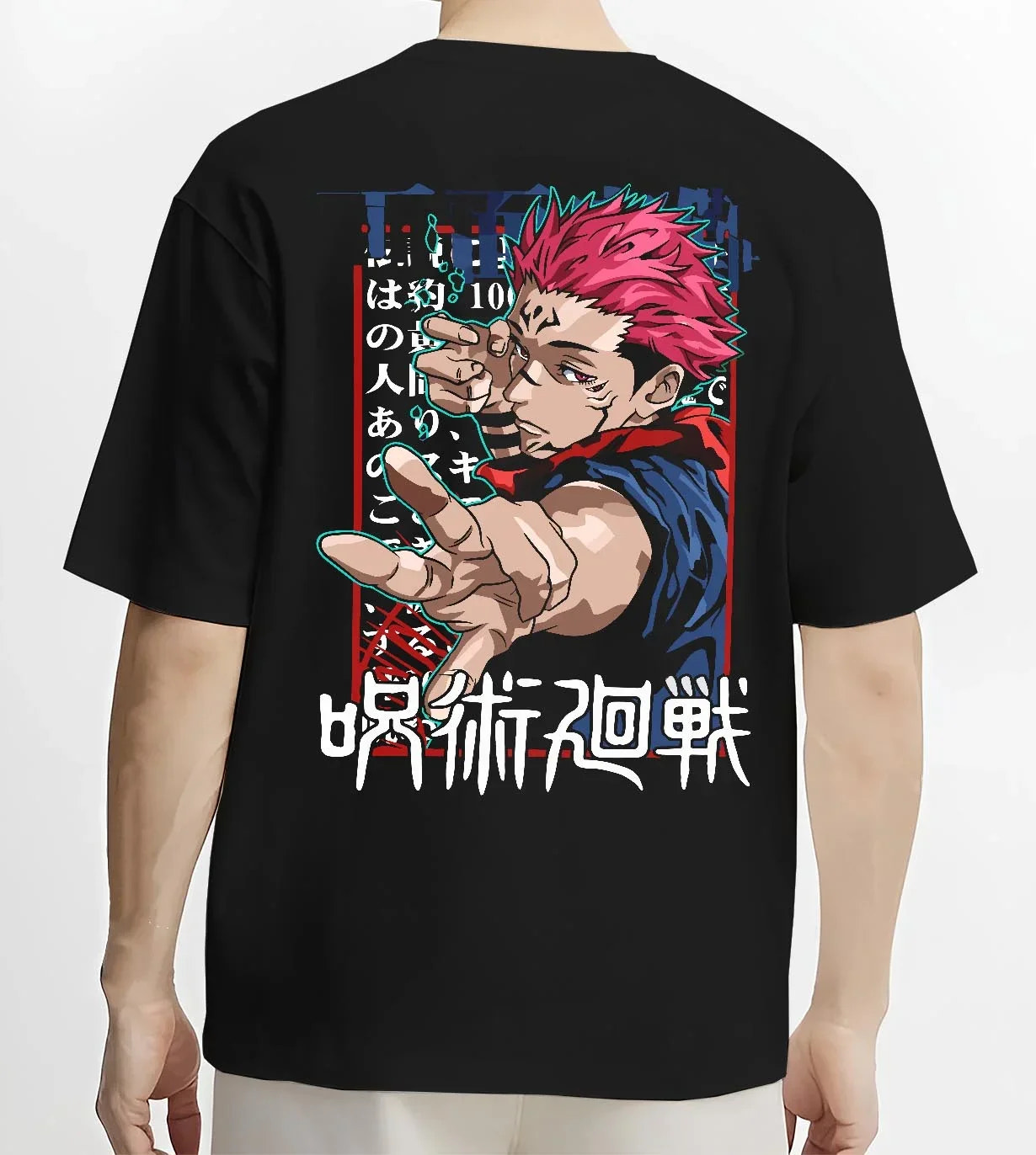 Black T-shirt worn by male model, back view with Jujutsu Kaisen Hoodie Yuji Itadori Power Surge Jumper graphic premium wear.