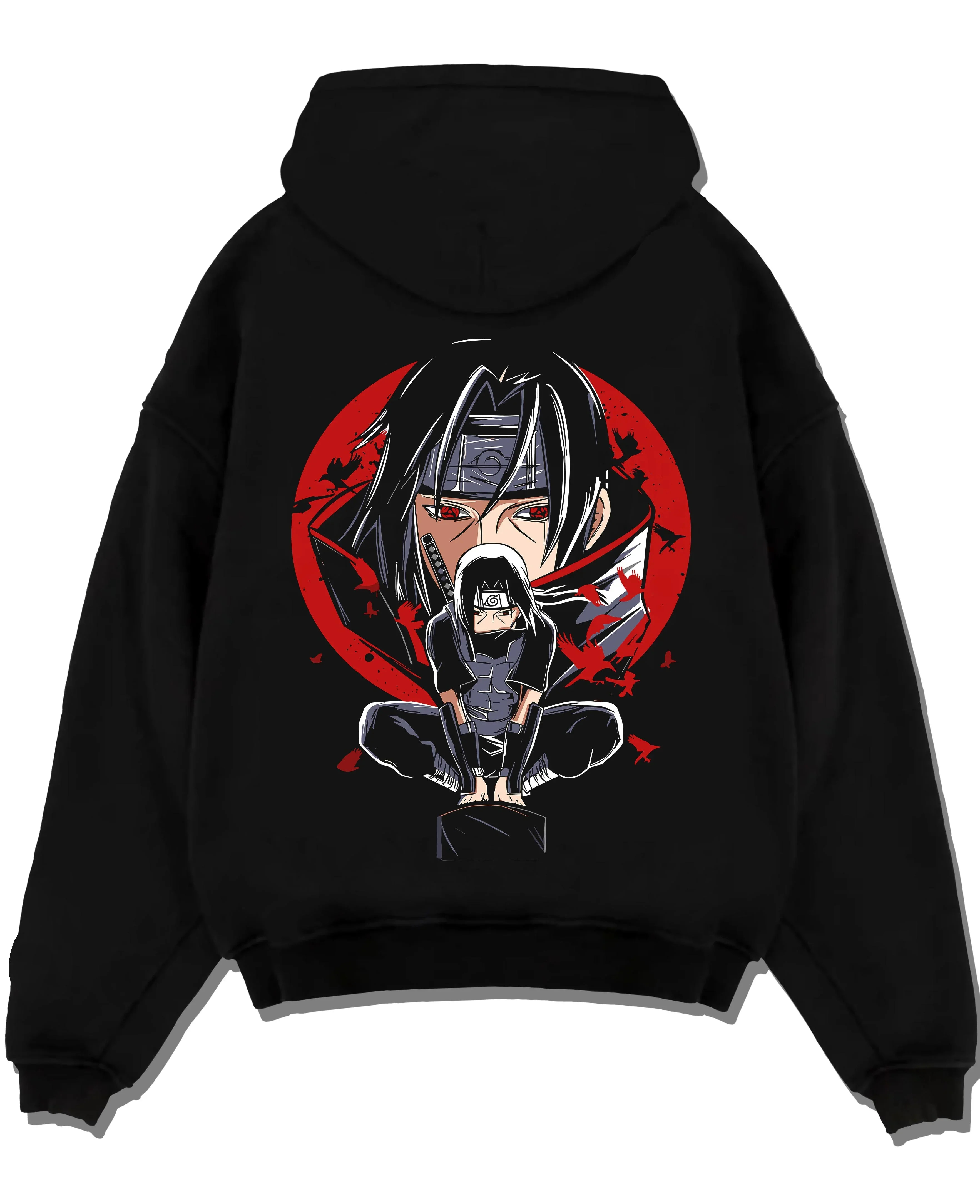 Black pullover hoodie laid flat with Naruto Hoodie Itachi Uchiha Mangekyo Clan Jumper graphic premium wear.
