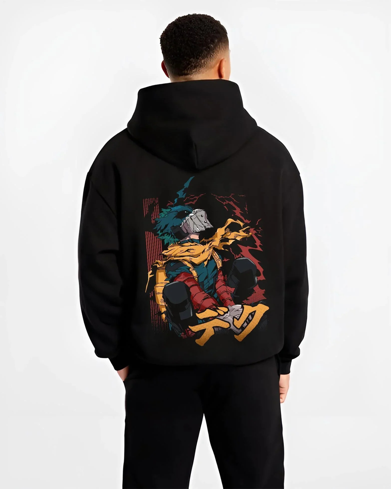 Black hoodie worn by male model, back view with My Hero Academia Hoodie Izuku Midoriya Hero Stance graphic bold anime graphic.