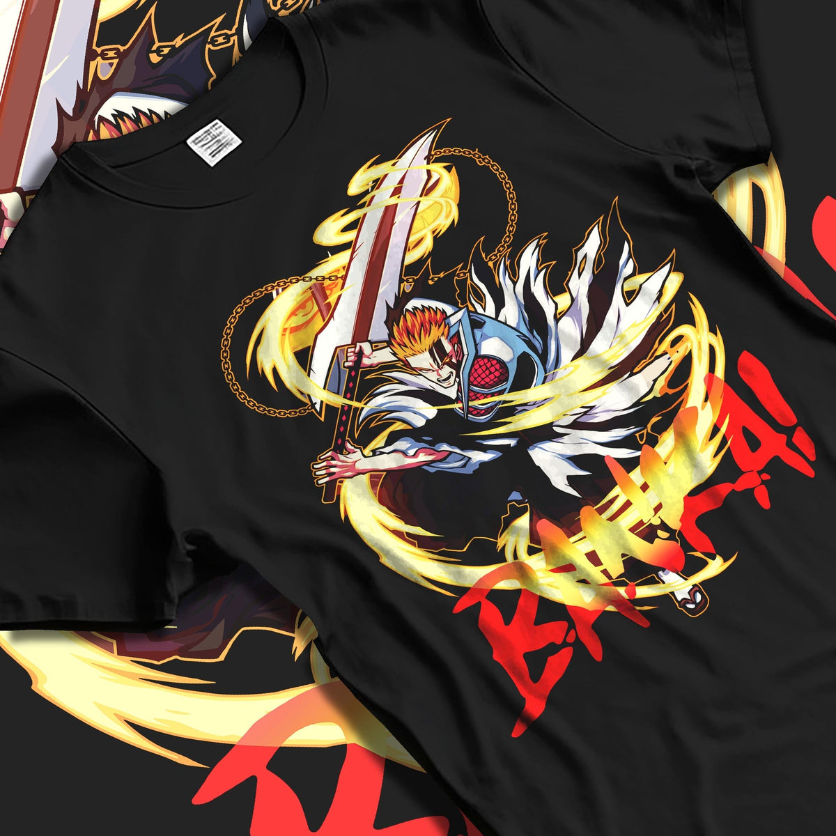 Black T-shirt laid flat with natural fabric folds, featuring Ichigo Bankai anime-inspired artwork with sword detail and bold fiery red aura design.