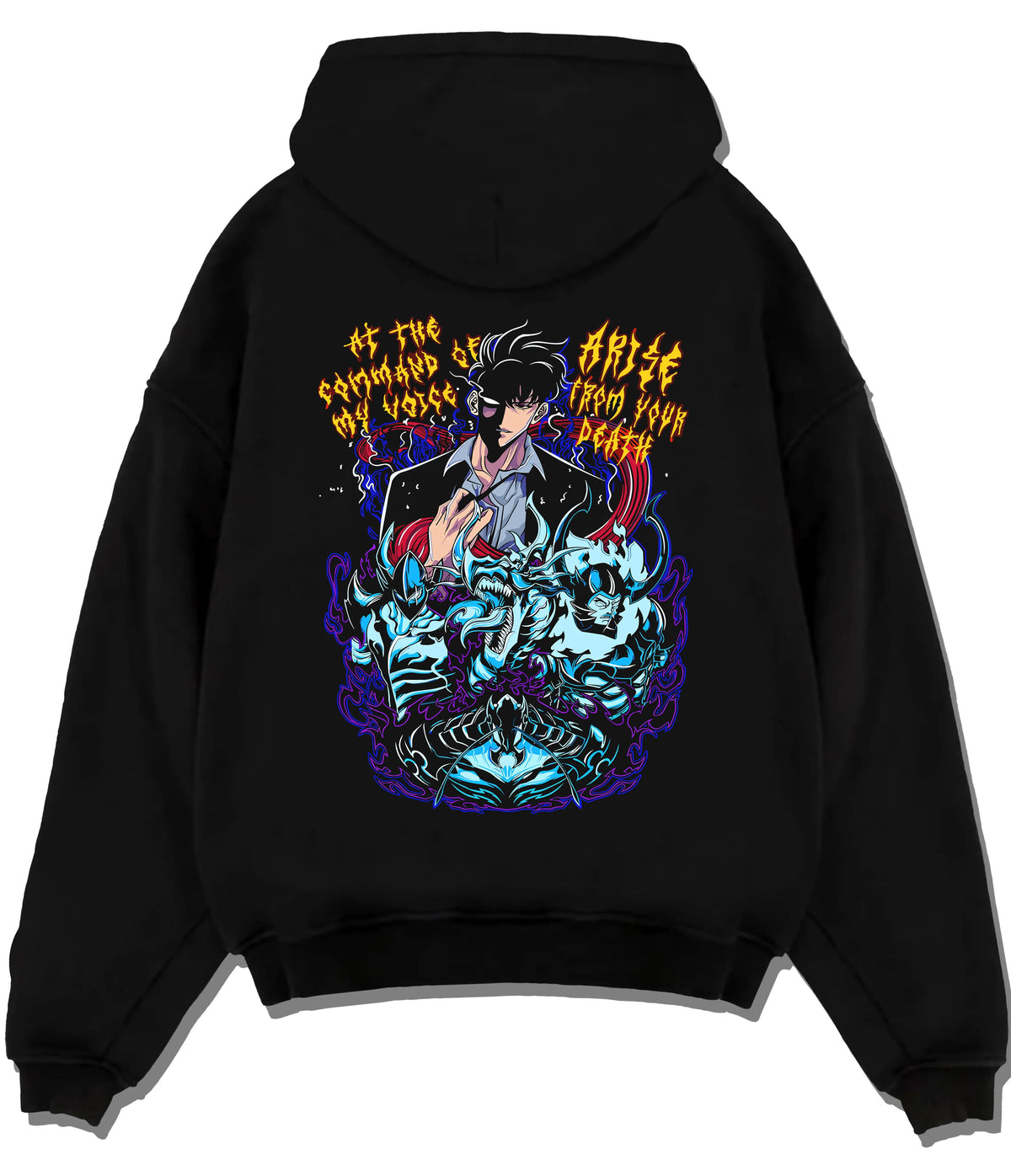 Black hoodie flat back view showing Sung Jin-Woo from Solo Leveling: shadow summons and blue spirits