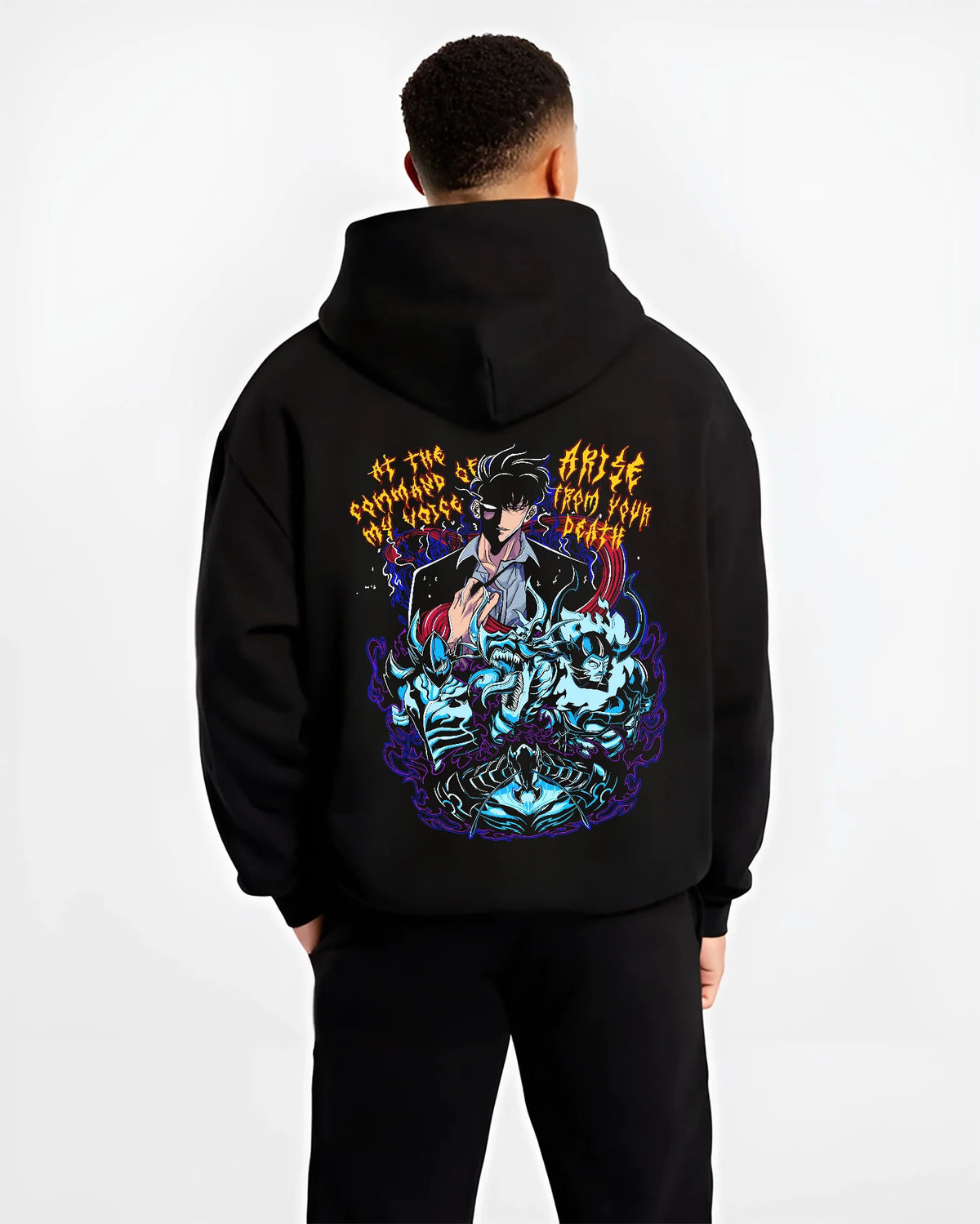 Black hoodie model back view showing Sung Jin-Woo from Solo Leveling: shadow summons and blue spirits
