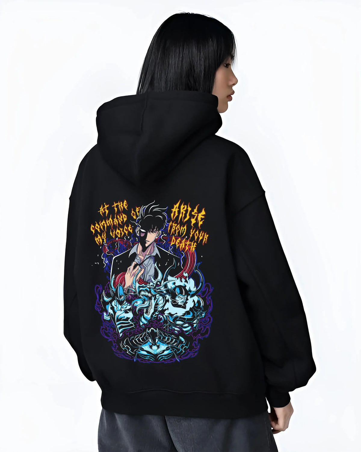 Black hoodie female model back view showing Sung Jin-Woo from Solo Leveling: shadow summons and blue spirits