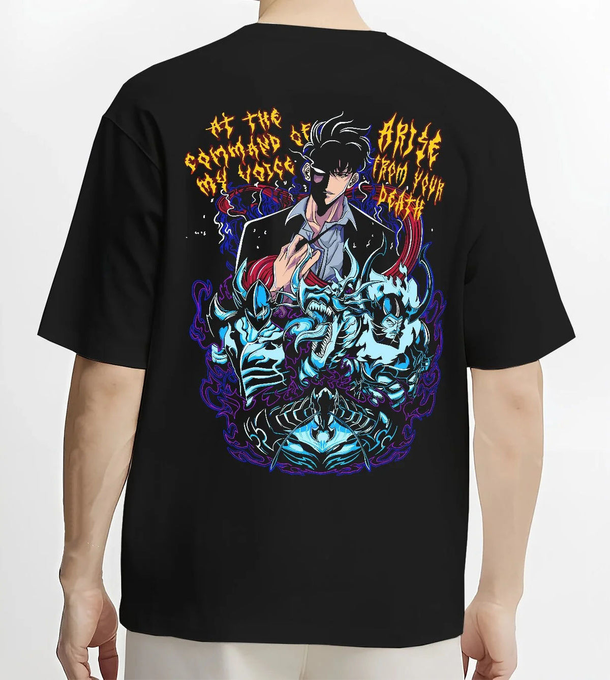 Black T-shirt model back view showing Sung Jin-Woo from Solo Leveling: shadow summons and blue spirits