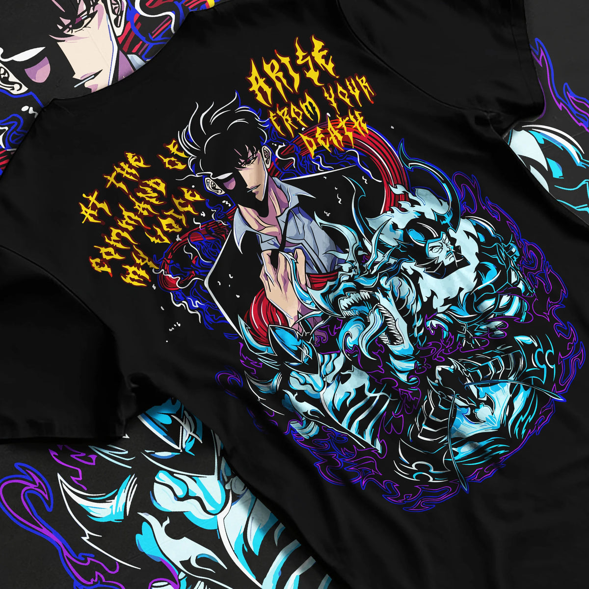 Black T-shirt flat back view showing Sung Jin-Woo from Solo Leveling: shadow summons and blue spirits