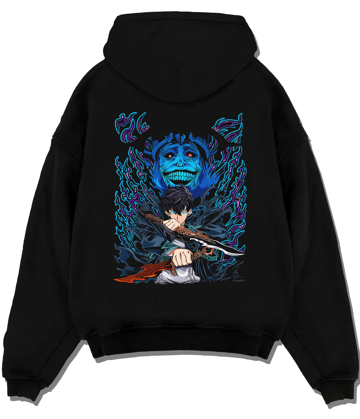 Black hoodie flat back view with Sung Jin-Woo with blue Statue of God shadow from Solo Leveling illustrated back graphic