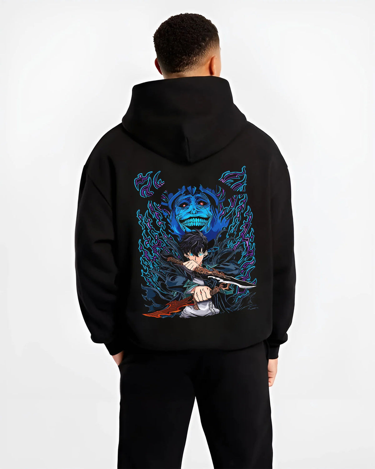 Black hoodie model back view with Sung Jin-Woo with blue Statue of God shadow from Solo Leveling illustrated back graphic