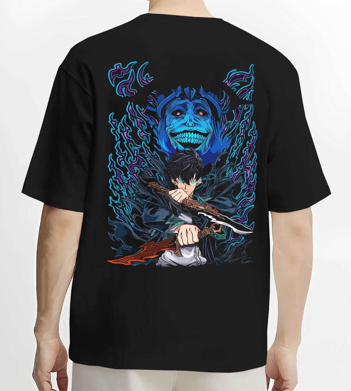 Black T-shirt model back view with Sung Jin-Woo with blue Statue of God shadow from Solo Leveling illustrated back graphic